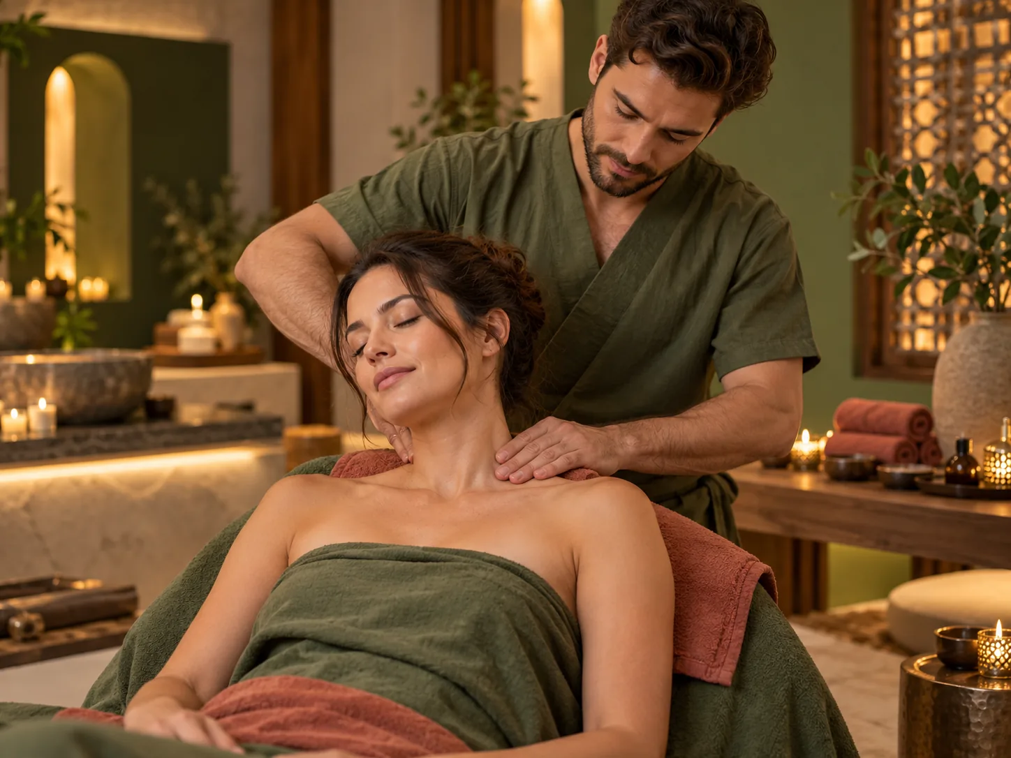 Мастер делает массаж шеи и плеч клиентке